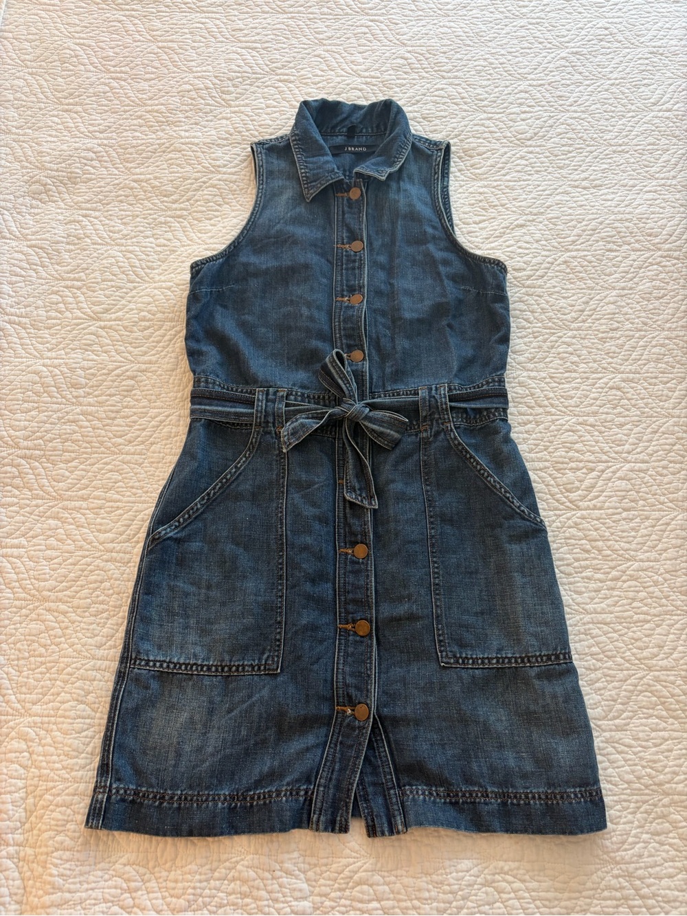 J Brand Dark Blue Sleeveless Denim Button-Front Mini Dress with Tie Waist